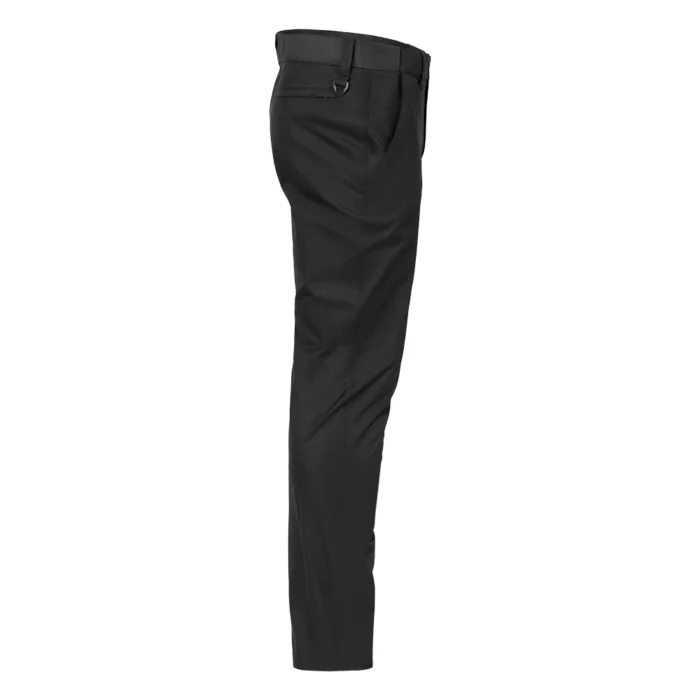 Black outdoor hiking pants side view showing slim fit cut and ergonomic leg design
