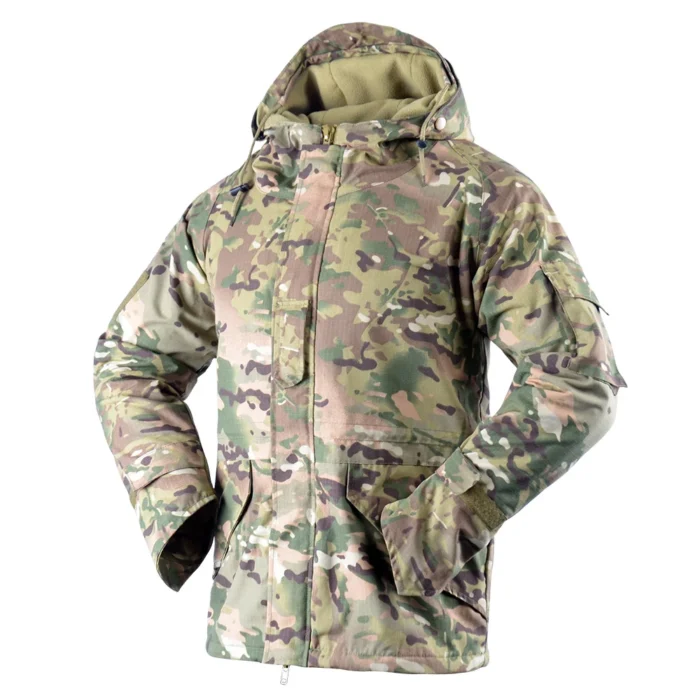Camouflage Tactical Winter Jacket Front View | Military Cold Weather Gear Front view of camouflage tactical winter jacket designed for military and tactical use, offering insulation, durability and weather protection.