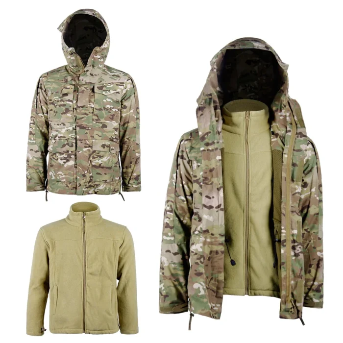 3 in 1 Tactical Jacket CP Set | Outer Shell & Inner Fleece System CP camouflage 3 in 1 tactical jacket system showing outer shell, removable fleece liner, and combined wear, offering versatile protection for multi-season tactical missions.