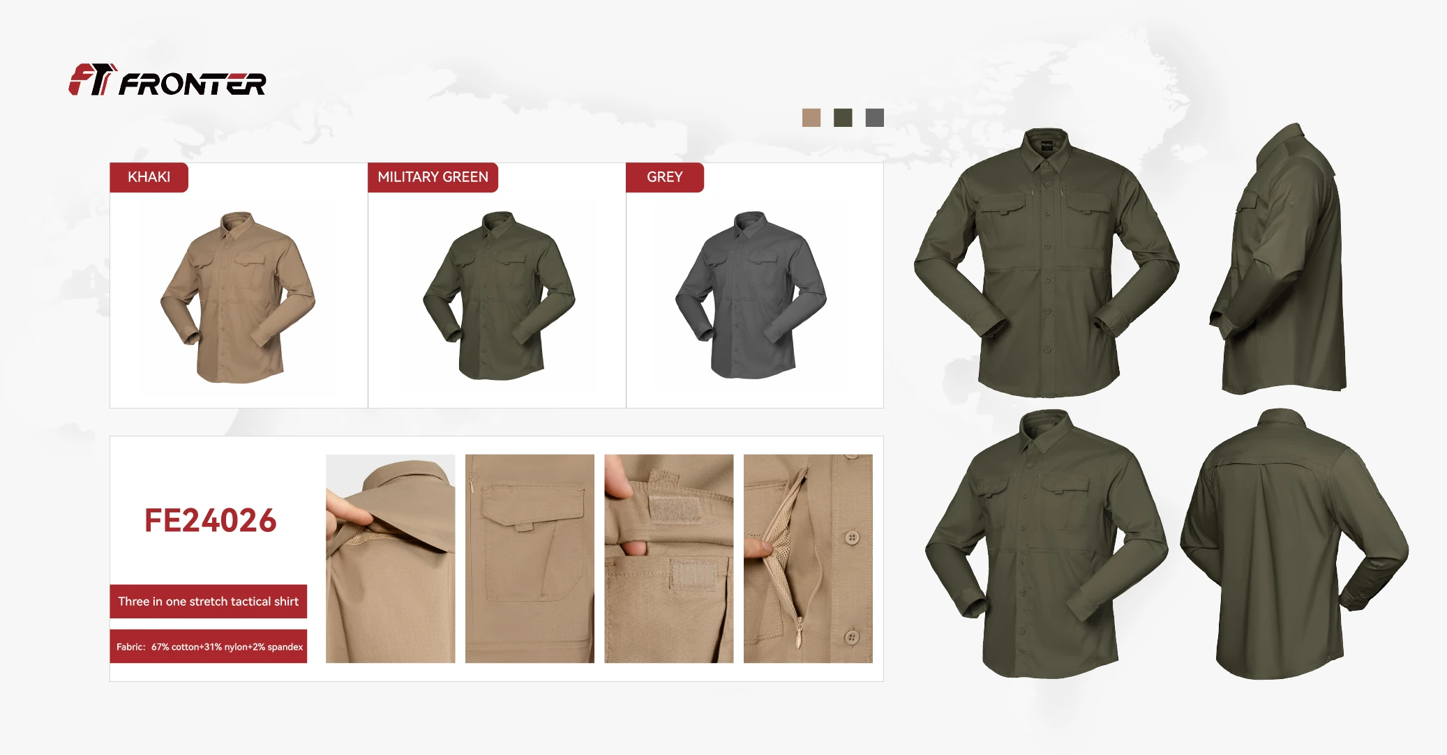 Tactical Long Sleeve Shirt Color Options – Khaki, Military Green & Grey