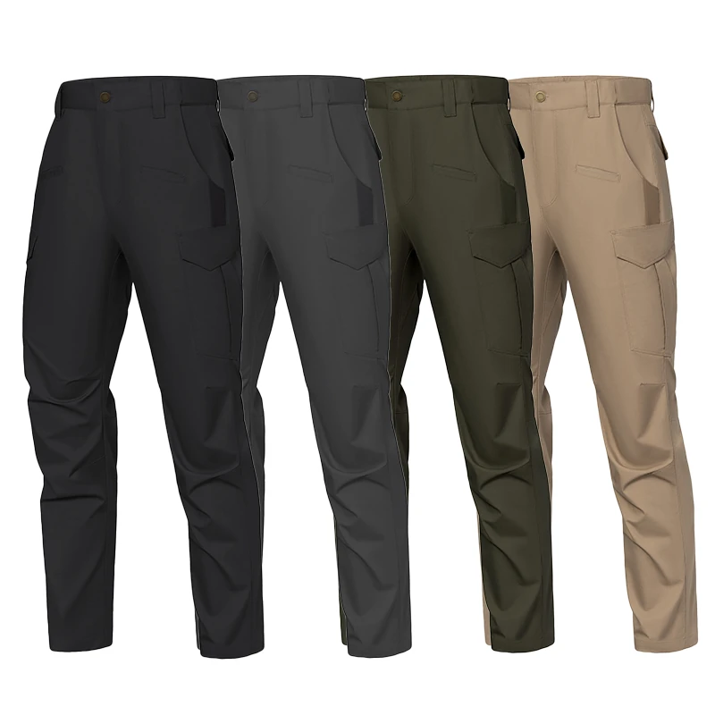 Stretch tactical pants available in grey, olive green, and khaki, designed for lightweight performance, flexibility, and tactical operations.