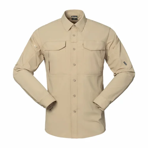 Tactical Shirt shown in khaki front view with utility chest pockets and structured button closure for tactical applications.