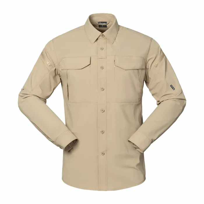 Tactical Shirt – Khaki Front View – Utility Chest Pocket Design Tactical Shirt shown in khaki front view with utility chest pockets and structured button closure for tactical applications.