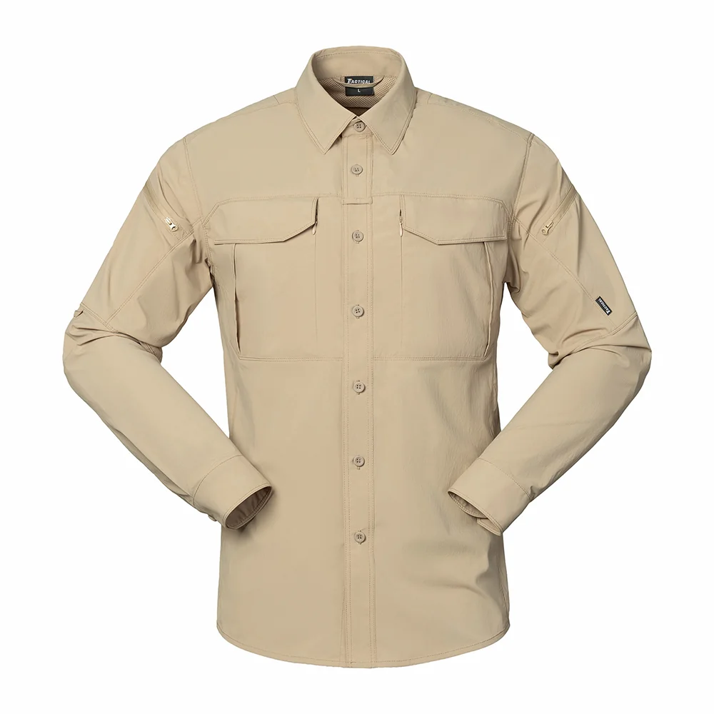 Tactical Shirt shown in khaki front view with utility chest pockets and structured button closure for tactical applications.