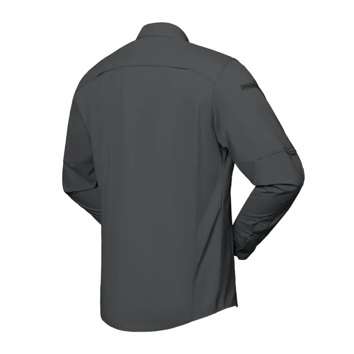 Tactical Shirt shown in gray back view featuring reinforced panel construction and clean back structure for durability.