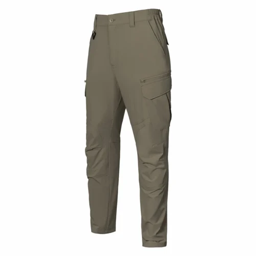 Grayish green lightweight tactical pants shown from the front side, featuring articulated knee design, reinforced stitching, and functional cargo pockets for outdoor and tactical use.