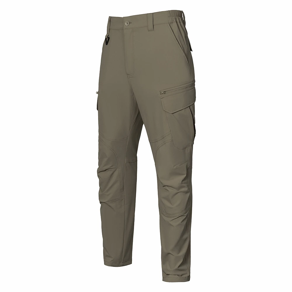 Grayish green lightweight tactical pants shown from the front side, featuring articulated knee design, reinforced stitching, and functional cargo pockets for outdoor and tactical use.