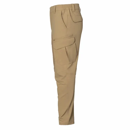 Khaki lightweight tactical pants side view highlighting slim tactical cut, multi-functional cargo pockets, and breathable fabric for outdoor missions and daily tactical wear.