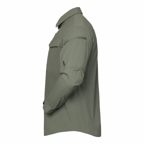 Tactical Shirt shown in green side view with structured sleeve construction and ergonomic cut for tactical movement.