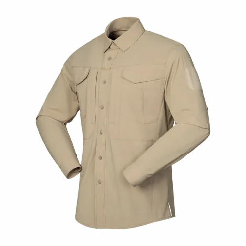 Tactical Long Sleeve Shirt shown in khaki front view with utility chest pockets and structured button closure for tactical applications.