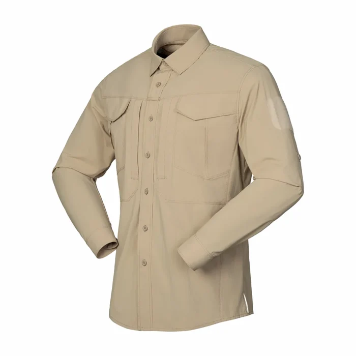 Tactical Long Sleeve Shirt shown in khaki front view with utility chest pockets and structured button closure for tactical applications.
