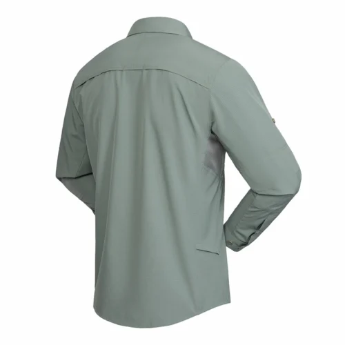 Outdoor Shirt shown in green back view featuring breathable panel construction for airflow and comfort during outdoor activities.