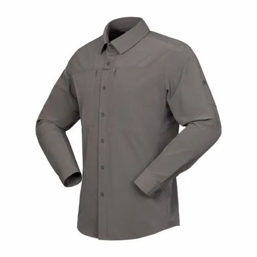 Outdoor Shirt shown in gray front side view with ergonomic fit and flexible construction for mobility in outdoor environments.