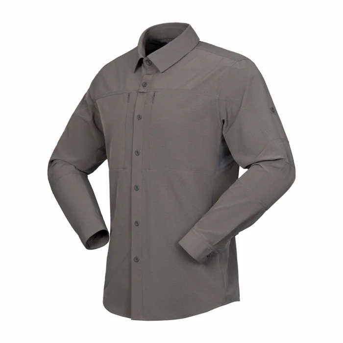 Outdoor Shirt shown in gray front side view with ergonomic fit and flexible construction for mobility in outdoor environments.