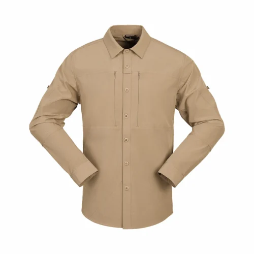 Outdoor Shirt shown in khaki front view with lightweight long sleeve construction suitable for hiking and outdoor activities.