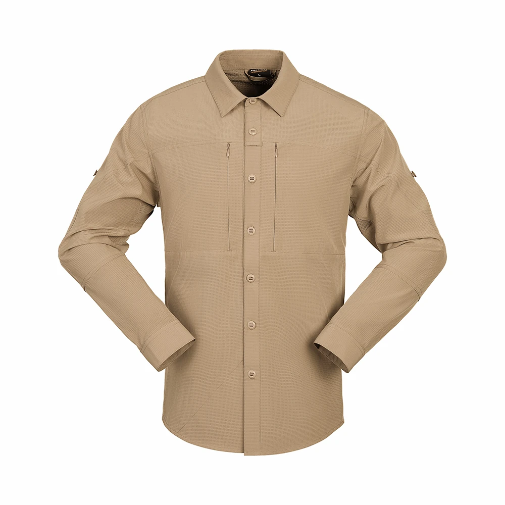 Outdoor Shirt shown in khaki front view with lightweight long sleeve construction suitable for hiking and outdoor activities.