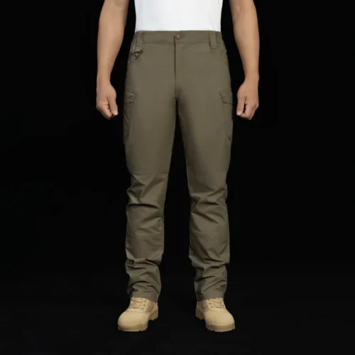 Front view of tactical cargo pants on model, displaying straight-leg cut, lightweight construction, and professional tactical cargo pants design.
