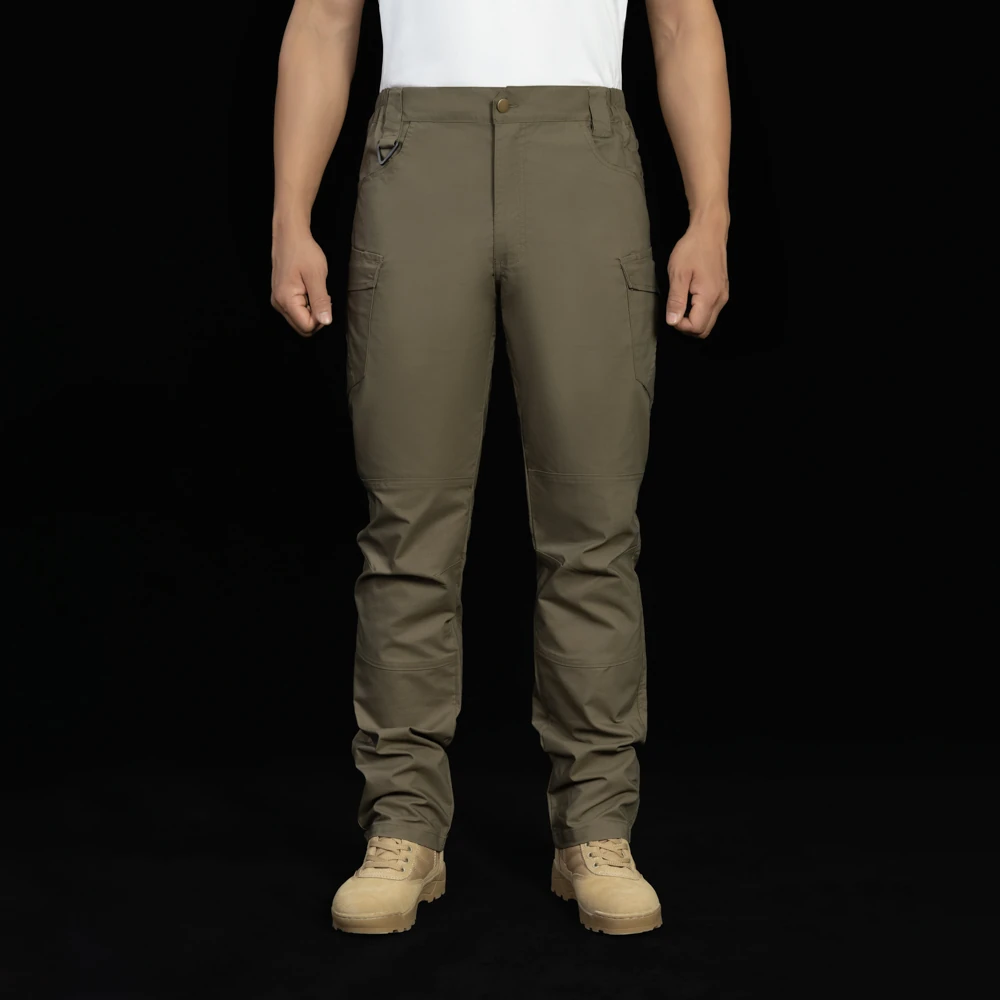 Front view of tactical cargo pants on model, displaying straight-leg cut, lightweight construction, and professional tactical cargo pants design.