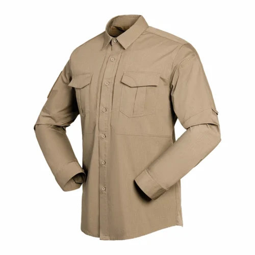 Tactical Long Sleeve Shirt shown in khaki front view with utility chest pockets and structured button closure for tactical duty.
