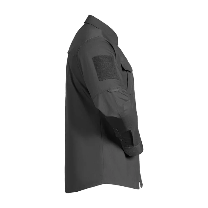 Tactical Long Sleeve Shirt shown in gray side view with structured sleeve construction and ergonomic cut for tactical operations.