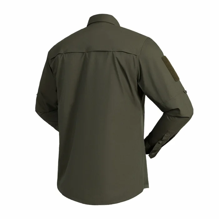 Tactical Long Sleeve Shirt shown in green back view featuring reinforced panel construction for durability and long-term tactical use.