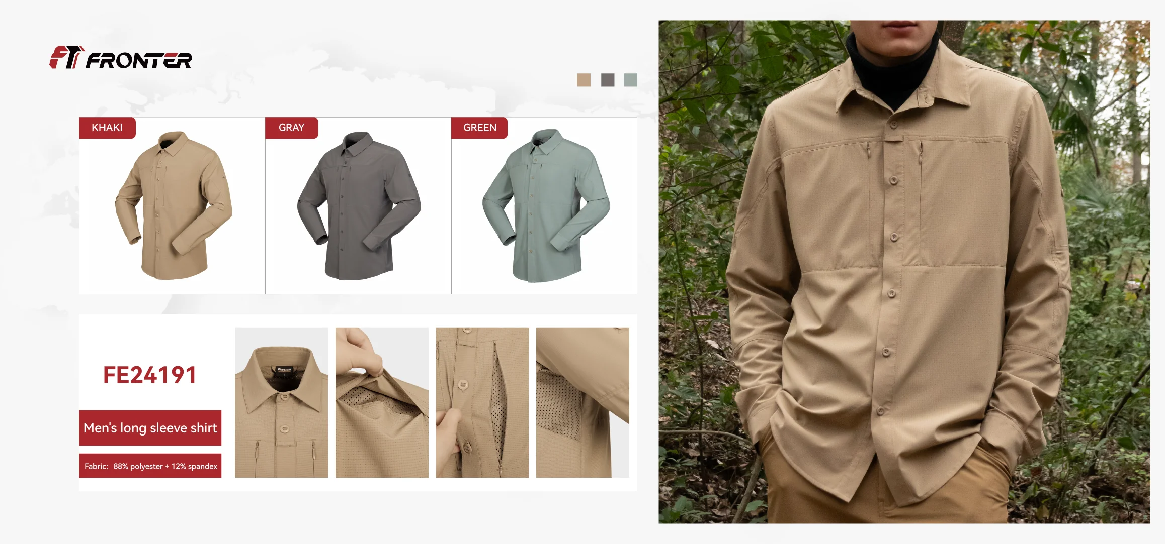 Outdoor Shirt available in khaki, gray and green color options for bulk supply and OEM programs.