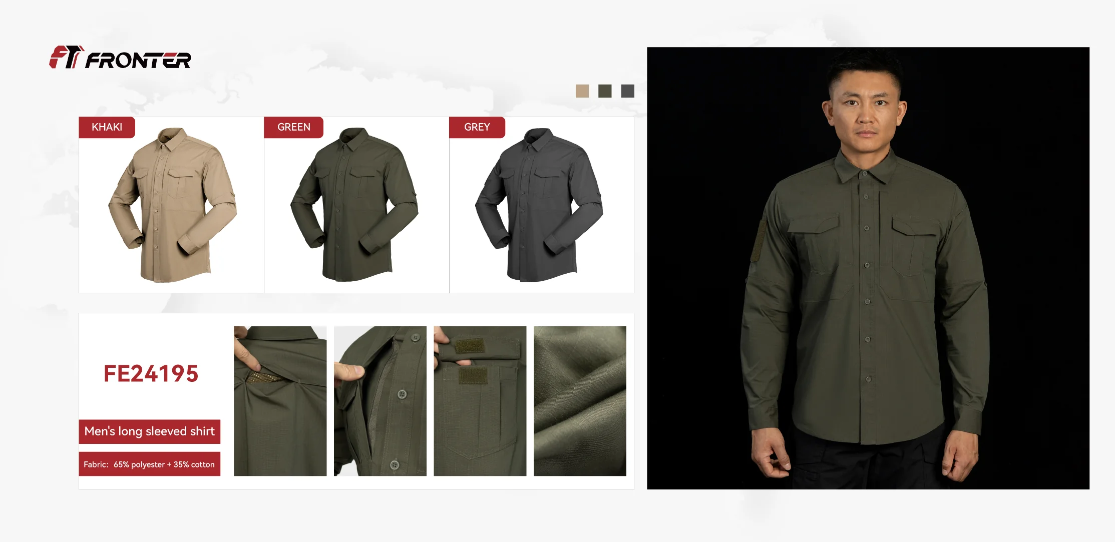 Tactical Long Sleeve Shirt available in khaki, green and gray color options for bulk supply and OEM programs.