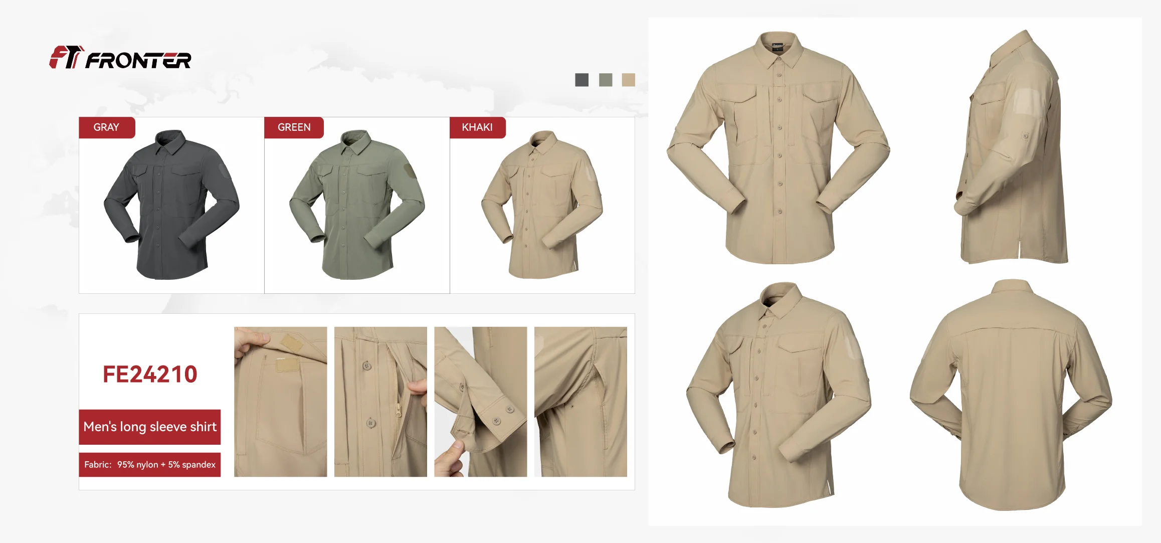Tactical Long Sleeve Shirt available in gray, green and khaki color options for bulk supply and OEM programs.