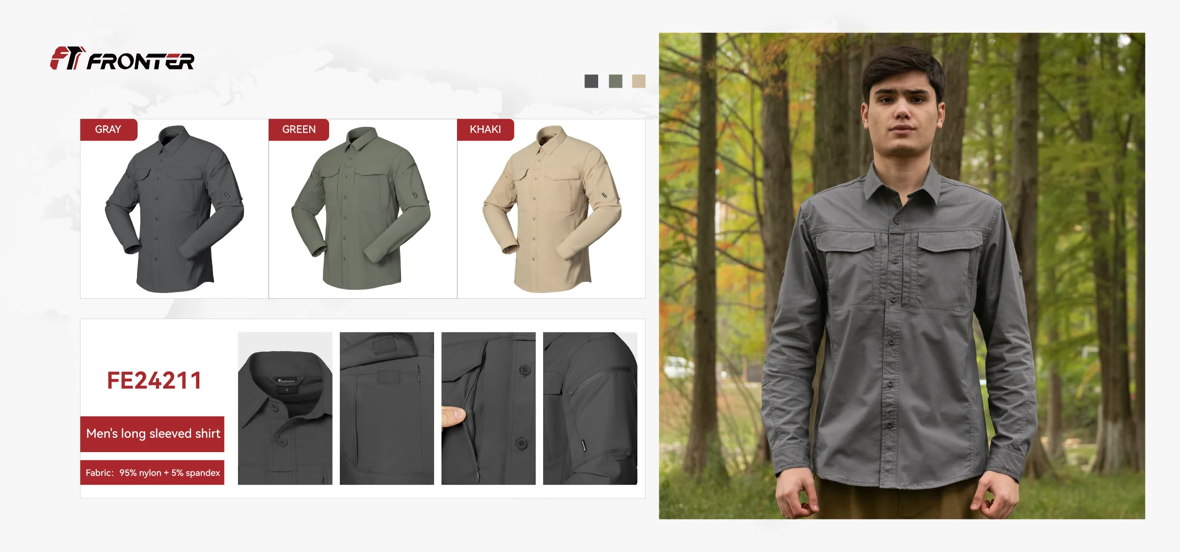 Tactical Shirt available in khaki, green and gray color options for bulk supply and OEM programs.