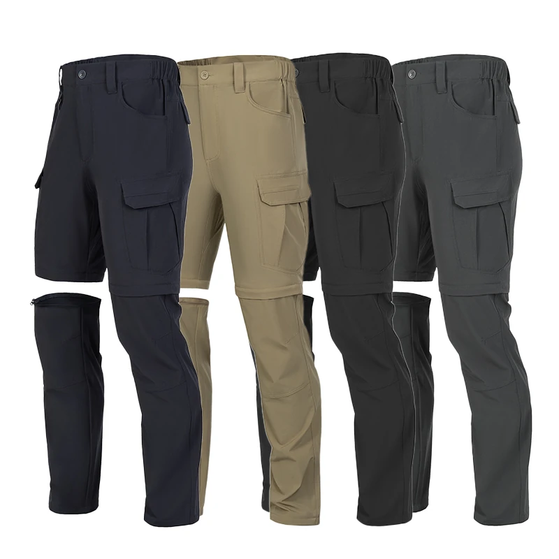 Tactical cargo pants available in grey, khaki, black and navy with detachable zip-off leg design