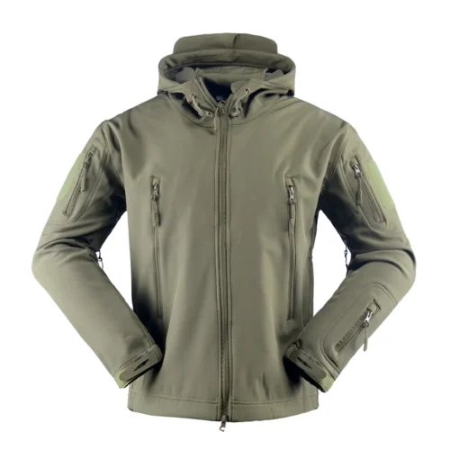Front view of army green tactical softshell jacket featuring full front zipper, chest pockets and ergonomic fit, suitable for patrol duty, outdoor missions and tactical operations.