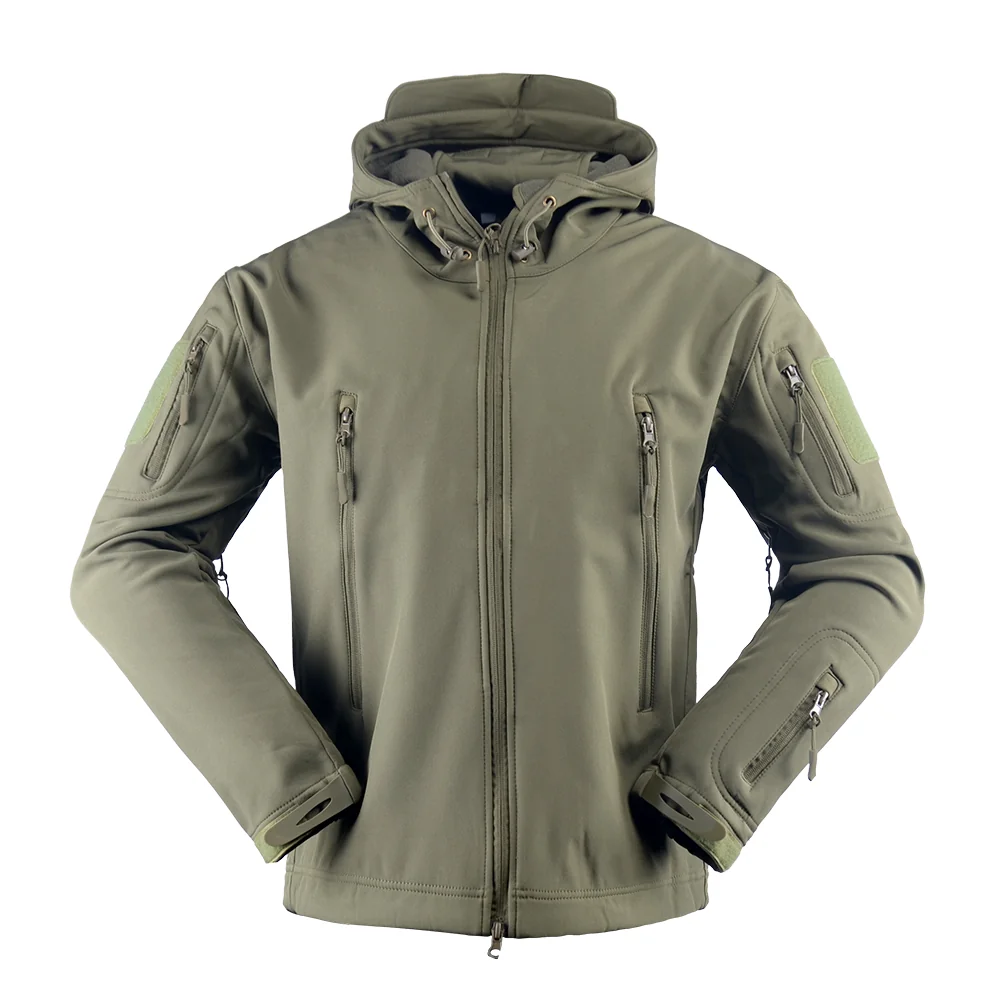 Front view of army green tactical softshell jacket featuring full front zipper, chest pockets and ergonomic fit, suitable for patrol duty, outdoor missions and tactical operations.