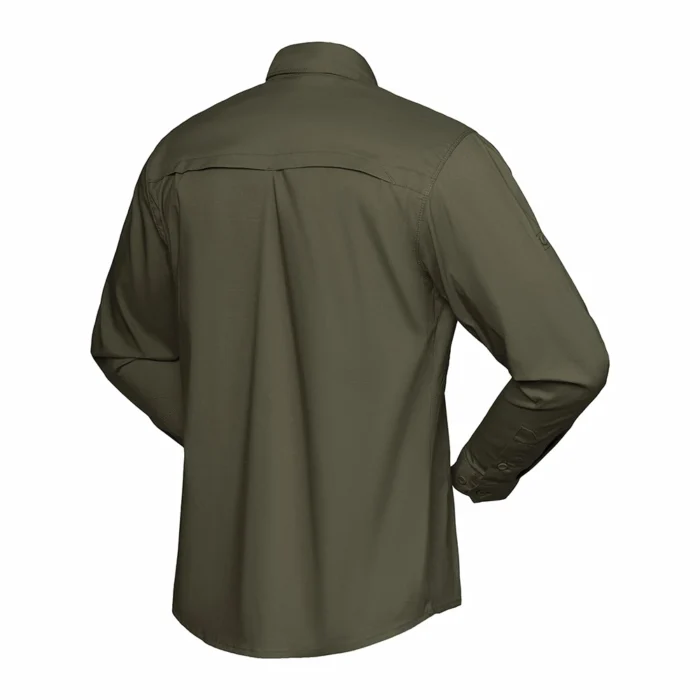 Military Green Tactical Long Sleeve Shirt Back View – Breathable Outdoor Shirt