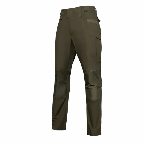 Angled view of military green tactical work pants on white background, showcasing utility pocket placement and reinforced knee panels for professional workwear use.