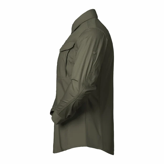 Tactical Long Sleeve Shirt shown in green side view with ergonomic sleeve construction for mobility and tactical performance.