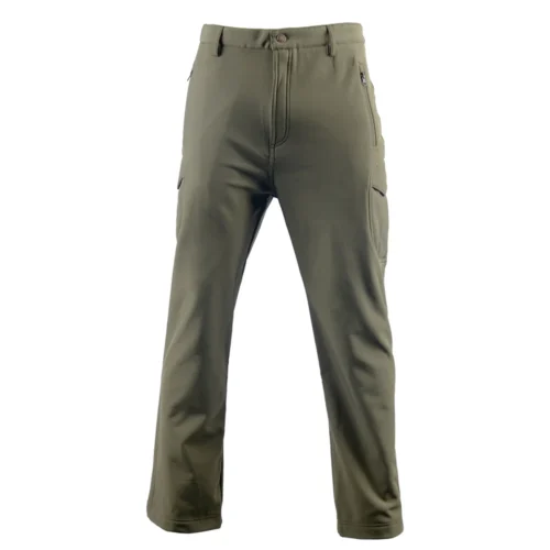 Front view of army green tactical softshell pants designed for outdoor duty, patrol work, and tactical operations, offering comfort, flexibility, and durability.