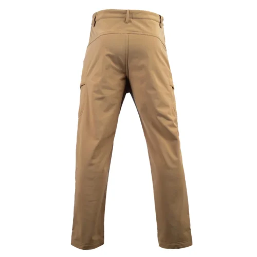 Back view of khaki tactical softshell pants featuring a clean rear design, reinforced stitching, and durable fabric for security, patrol, and outdoor work use.