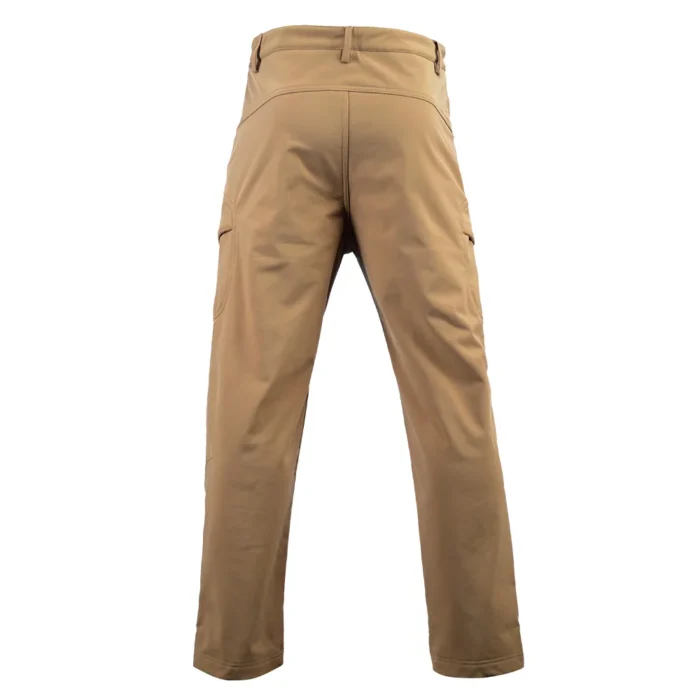 Back view of khaki tactical softshell pants featuring a clean rear design, reinforced stitching, and durable fabric for security, patrol, and outdoor work use.