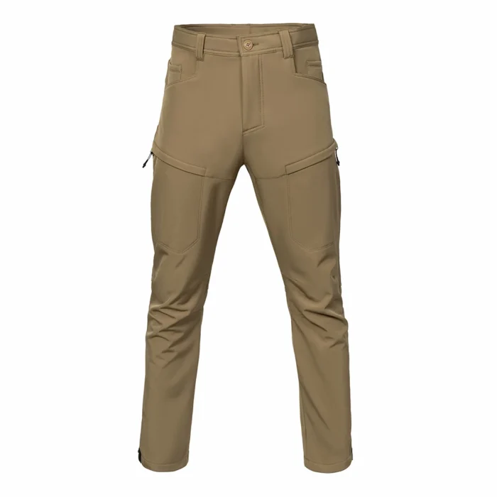 Front view of khaki lightweight tactical pants designed with articulated knees, durable stretch fabric, and minimalist tactical styling suitable for outdoor and duty wear.