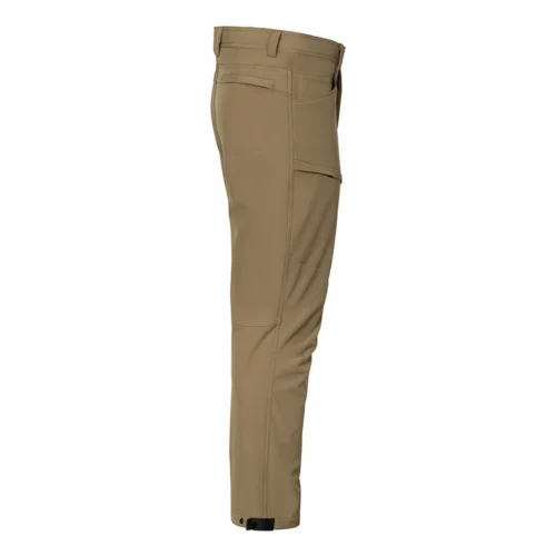 Side view of khaki lightweight tactical pants highlighting zippered thigh pocket, reinforced knee panel, and ergonomic cut for professional tactical and outdoor environments.