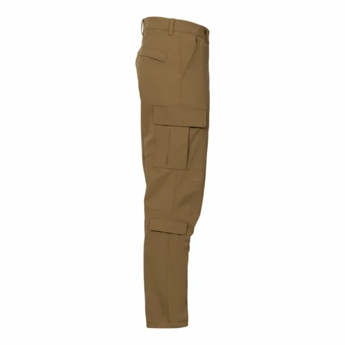 Side view of lightweight tactical pants in khaki, featuring a slim cargo profile, reinforced stitching, and functional pocket layout for outdoor, workwear, and tactical applications.