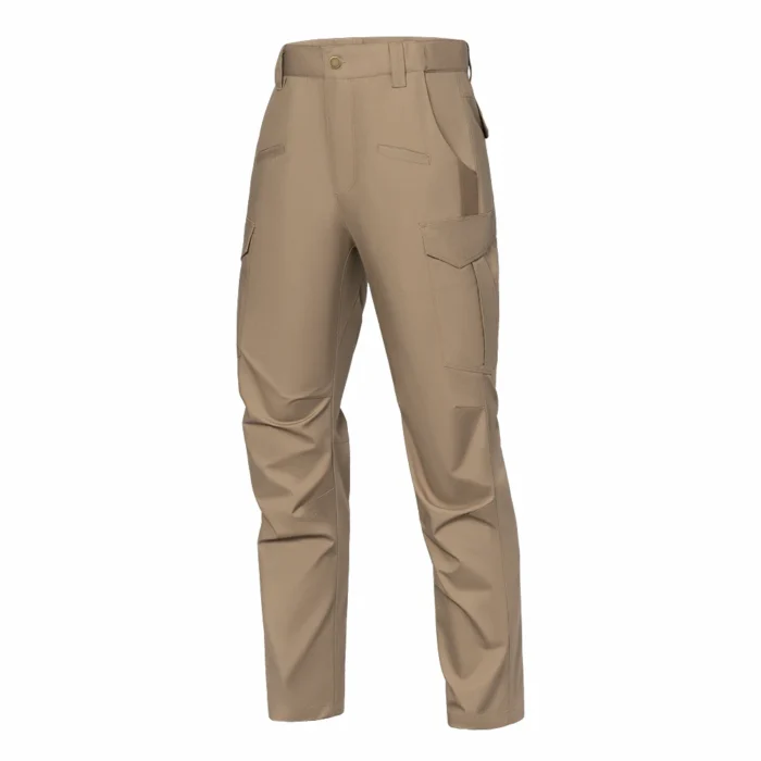 Stretch Tactical Pants – Khaki Front Side View | Multi-Pocket Tactical Pants