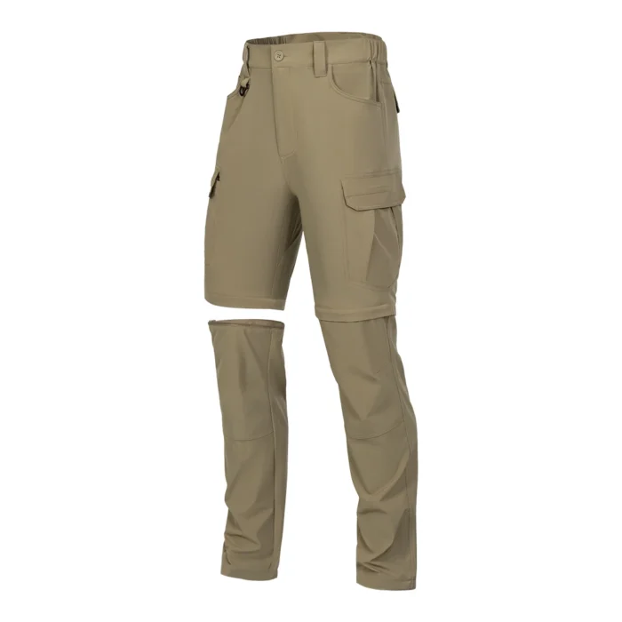Khaki tactical cargo pants with zip-off detachable leg, convertible design for tactical and outdoor operations