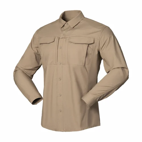 Tactical Long Sleeve Shirt shown in khaki front view with dual chest pockets and structured button closure for duty and tactical use.