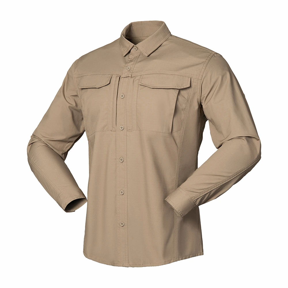 Tactical Long Sleeve Shirt shown in khaki front view with dual chest pockets and structured button closure for duty and tactical use.