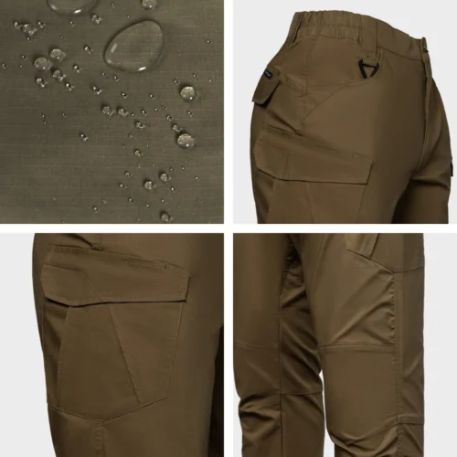 Close-up fabric detail of tactical cargo pants showing water-repellent performance and durable textile structure designed for outdoor and tactical environments.