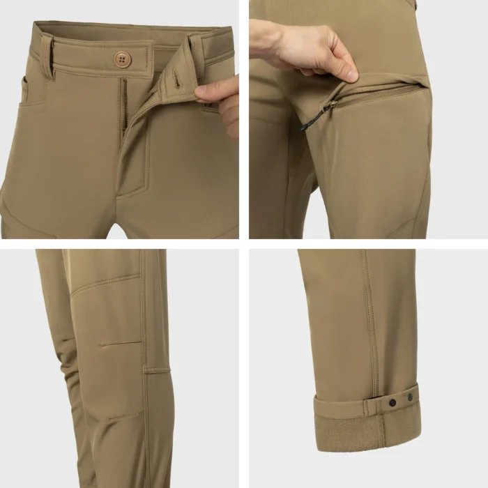 Close-up details of lightweight tactical pants showing stretch fabric texture, zippered utility pocket, reinforced stitching, and adjustable cuff design for professional outdoor and tactical use.