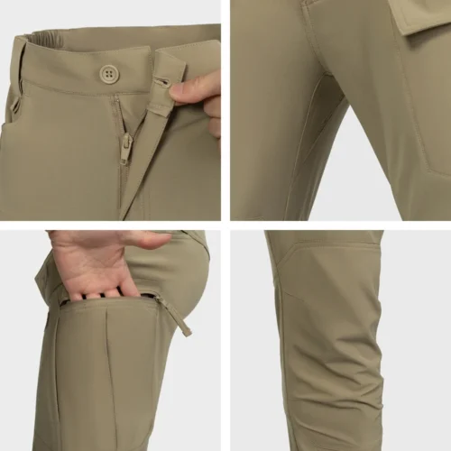 Close-up details of tactical cargo pants showing reinforced stitching, smooth zipper pocket design, and durable construction for professional tactical and outdoor use.