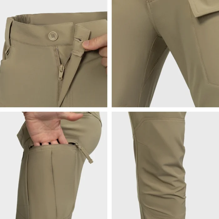 Close-up details of tactical cargo pants showing reinforced stitching, smooth zipper pocket design, and durable construction for professional tactical and outdoor use.
