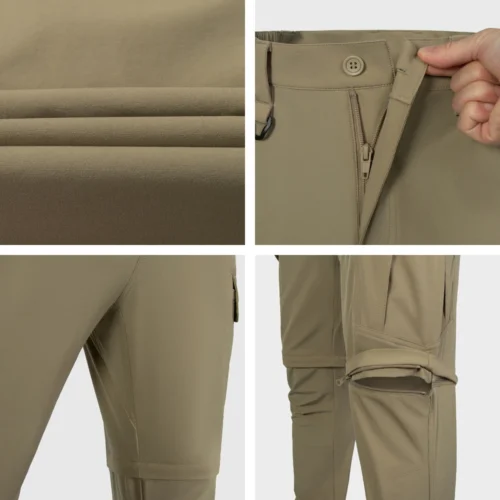 Close-up details of tactical cargo pants showing stretch fabric, zipper system and reinforced construction